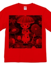 赤に黒のストライプ「きのこ傘」のボーイTシャツ