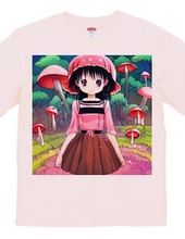 ピンクの「きのこ帽子」を被った美少女Tシャツ