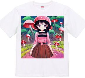 ピンクの「きのこ帽子」を被った美少女Tシャツ