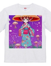 Girl T-shirt wearing kimono with mushroom umbrella