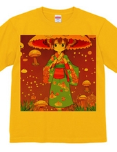 きのこ傘に着物を着た少女Tシャツ