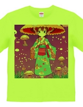 Girl T-shirt wearing kimono with mushroom umbrella