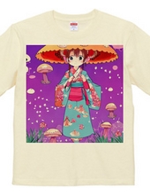 きのこ傘に着物を着た少女Tシャツ