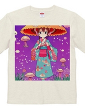 きのこ傘に着物を着た少女Tシャツ