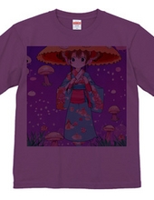 Girl T-shirt wearing kimono with mushroom umbrella