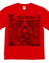 Girl T-shirt wearing kimono with mushroom umbrella