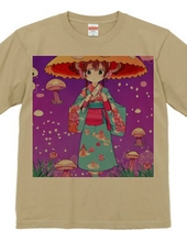 きのこ傘に着物を着た少女Tシャツ