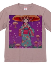 きのこ傘に着物を着た少女Tシャツ