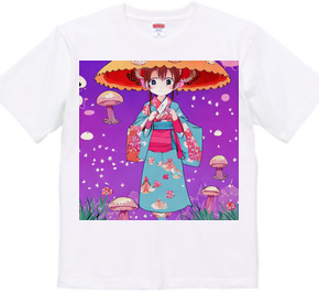 きのこ傘に着物を着た少女Tシャツ