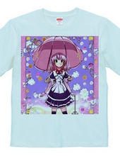 ピンクの大きな「きのこ傘」の美少女Tシャツ