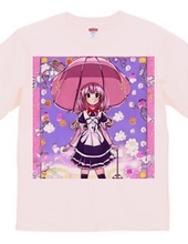 ピンクの大きな「きのこ傘」の美少女Tシャツ