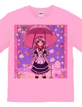 ピンクの大きな「きのこ傘」の美少女Tシャツ