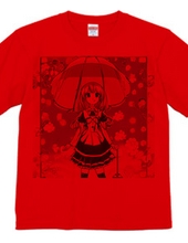 ピンクの大きな「きのこ傘」の美少女Tシャツ