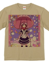 ピンクの大きな「きのこ傘」の美少女Tシャツ