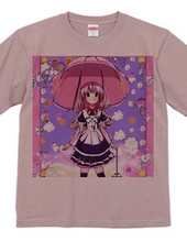 ピンクの大きな「きのこ傘」の美少女Tシャツ