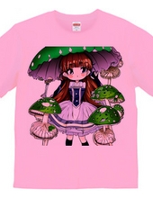 大きな緑色の「きのこ傘」を持った美少女Tシャツ