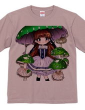 大きな緑色の「きのこ傘」を持った美少女Tシャツ