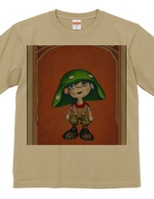 A boy T-shirt wearing a characteristic "mushroom umbrel