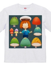 Is it a group photo of a girl with a waist on a mushroom? T-