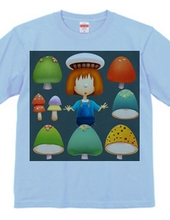 Is it a group photo of a girl with a waist on a mushroom? T-