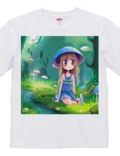 水色でまとめたコーディネートの「きのこ少女」Tシャツ