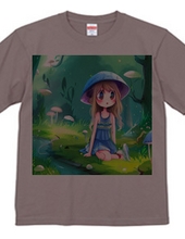 水色でまとめたコーディネートの「きのこ少女」Tシャツ