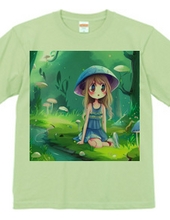 水色でまとめたコーディネートの「きのこ少女」Tシャツ