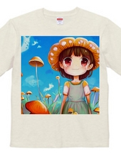 お花のような「きのこ帽子」の少女がきのこに囲まれスマイルTシャツ