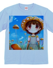 お花のような「きのこ帽子」の少女がきのこに囲まれスマイルTシャツ