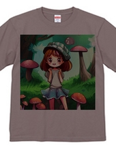 きのこに囲まれ笑顔の少女Tシャツ