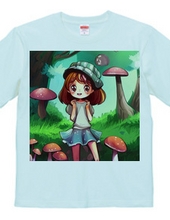 きのこに囲まれ笑顔の少女Tシャツ