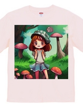 きのこに囲まれ笑顔の少女Tシャツ