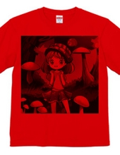 Smiling girl T-shirt surrounded by mushrooms