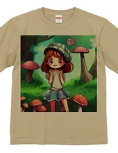 きのこに囲まれ笑顔の少女Tシャツ