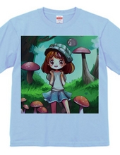 きのこに囲まれ笑顔の少女Tシャツ