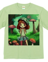 Smiling girl T-shirt surrounded by mushrooms