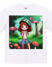 きのこに囲まれ笑顔の少女Tシャツ