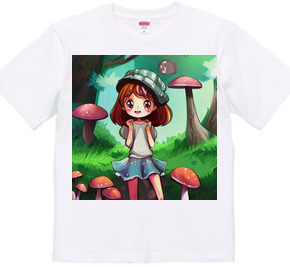 きのこに囲まれ笑顔の少女Tシャツ